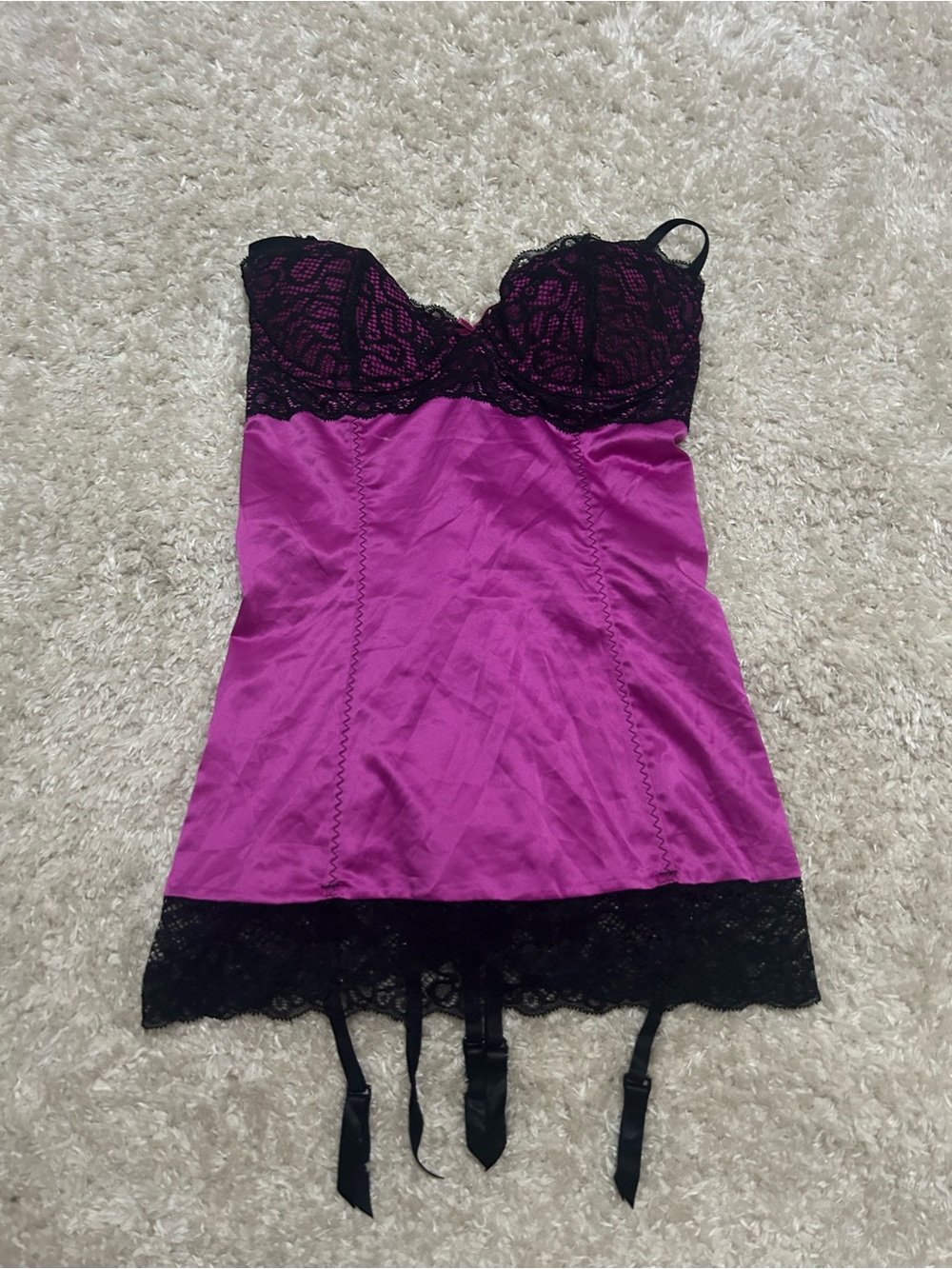 vintage frederick’s of hollywood purple black babydoll chemise w built in garter